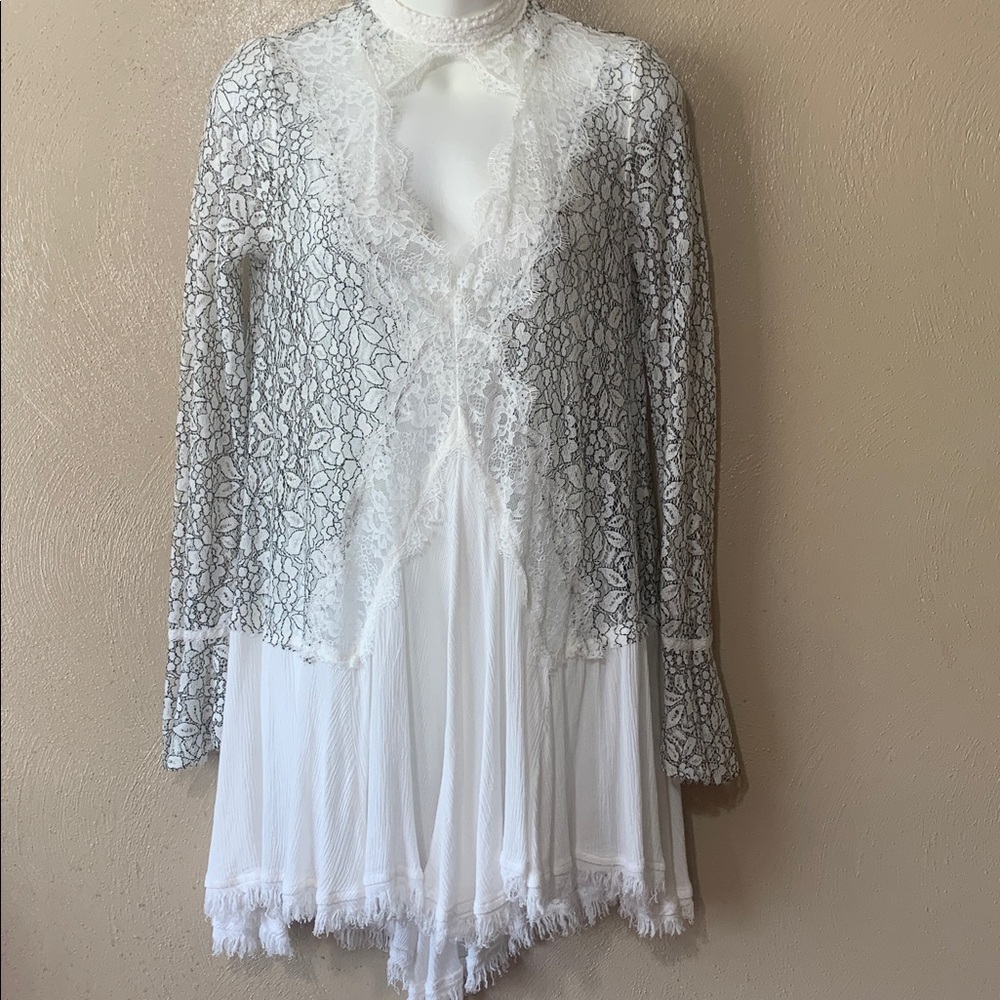 Free People size XS White Black Sheer Lace Long-Sleeve Asymmetrical Top